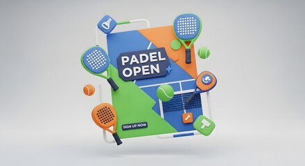 Dynamic Padel Open tournament announcement with rackets, balls, and court elements, inviting participation and action