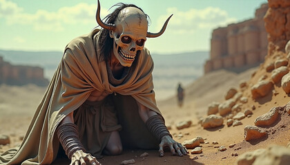 Dynamic Skeletal Figure Adorned with Horns Creeping in a Sunny Desert
