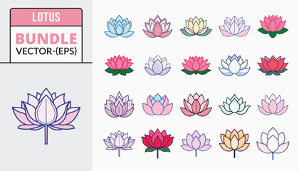 Lotus flower icon bundle in line art silhouette and color style