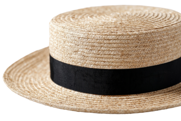 A straw boater hat, light beige in color, featuring a dark ribbon band