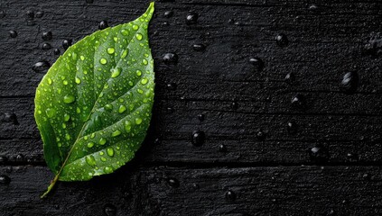 Fresh green leaf with water droplets on dark wood
