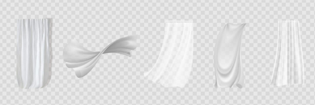 Set of realistic fluttering white cloths, soft lightweight clear material isolated on transparent background vector illustration