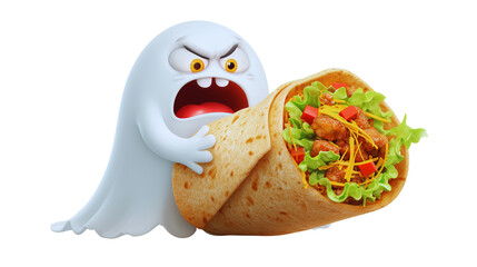 Angry ghost character eating a delicious taco isolated on transparent background