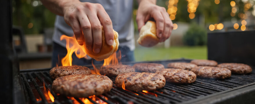 Man grills burger patties on gas grill in backyard setting. Flames rise from grill as places buns on top. Ideal for summer cookouts, family gatherings, food-related themes. Features copy space for