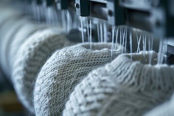 Close-Up of White Knitted Garments Being Produced in a Textile Factory.