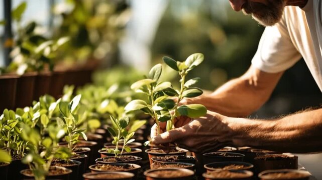 A person tends to fledgling plants in a greenhouse, carefully potting them in rich soil while sunlight streams through the glass, creating a warm atmosphere