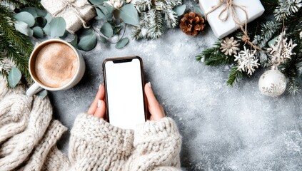 Hands in a cozy sweater holding a phone, surrounded by festive Christmas decorations and a cup of coffee