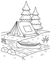 Camping Scene with Tent by River and Canoe Surrounded by Pine Trees in Nature Perfect for Coloring Books and Outdoor Adventure-Themed Art