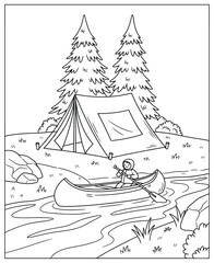 Camping Scene with Tent and Person Canoeing on River in Forest Surrounded by Pine Trees and Rocks Perfect for Coloring Books and Outdoor Adventure Art