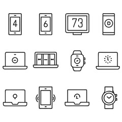 Outline style icon set representing various modern electronic devices like smartphones laptops smartwatches and monitors for contemporary lifestyle