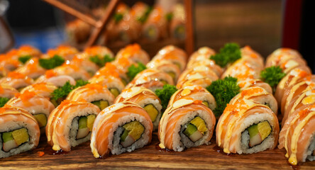 A closeup of fresh and delicious gourmet salmon sushi rolls on a white plate, ready for a healthy meal
