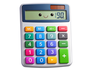 Cute Cartoon Calculator Character with Smiley Face, tilted perspective, isolated transparent background png