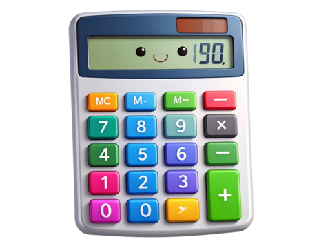 Cute Cartoon Calculator Character with Smiley Face, tilted perspective, isolated transparent background png