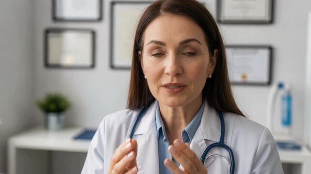 Professional female doctor explaining medical information through video call consultation with hand gestures and clear communication