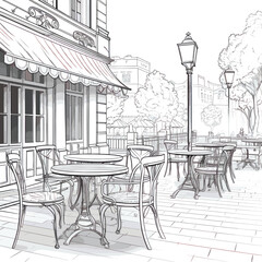 French Street Café Doodle Sketch with Tables and Chairs – No People Scene