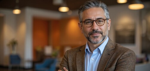 Thoughtful Latinx leader poses confidently with crossed arms in blazer at community center. Mature pro man, executive, manager, director. Urban workspace, corporate environment, serious demeanor,