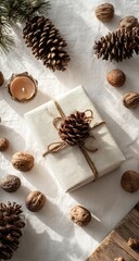 A gift box adorned with a pinecone, nestled amidst pine cones and walnuts