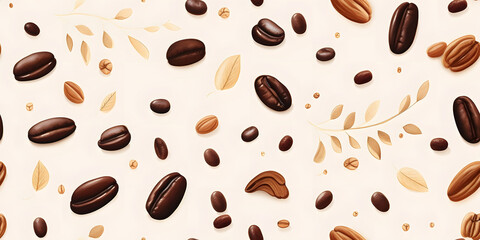 Obraz premium Seamless Coffee Theme Pattern with Roasted Beans and Leaves for Backgrounds.