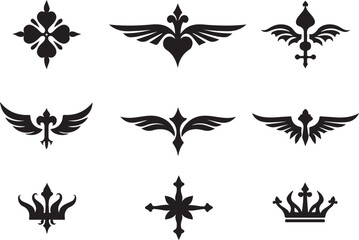 Collection of Nine Black and White Heraldic Designs and Vector Emblems