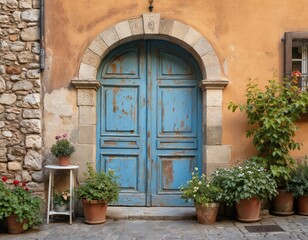 Old rustic blue door in quaint Italian town street. Colorful flowers surround stone archway, weathered facade. Potted plants adorn cobblestone path. Authentic Mediterranean architecture evokes charm,