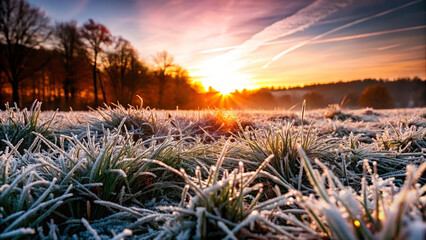 Frost-covered meadow at dawn with copy space; sunrise over grassy field and trees in early morning light. frosty morning