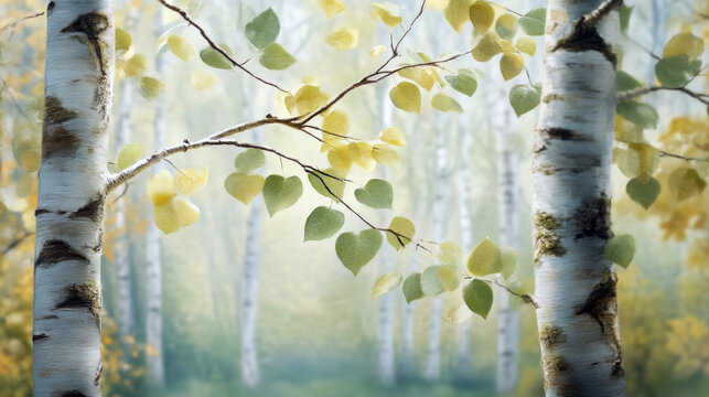 Birch tree branches with leaves in a natural forest setting with copy space for autumn decoration
