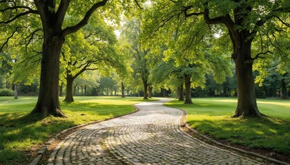 Obraz premium Winding cobblestone path curves through green park with mature trees casting dappled sunlight. Inviting pathway offers serene stroll, landscaping, natural beauty for peaceful recreation in summer.