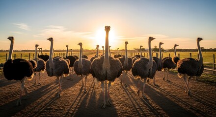 Majestic herd of ostriches strides confidently across a dusty path at golden hour, creating long shadows under a vibrant sunset sky