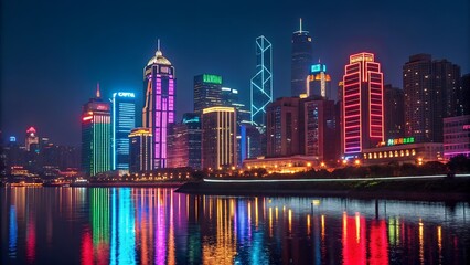 Fototapeta premium Vibrant Neon City Skyline at Night with Water Reflection.