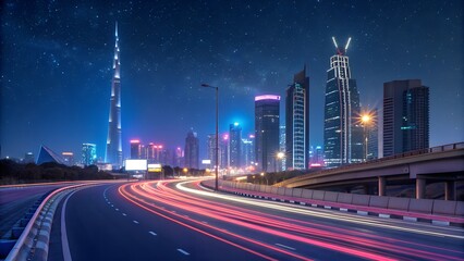 Vibrant Night Highway with Colorful Light Trails and Futuristic Cityscape.