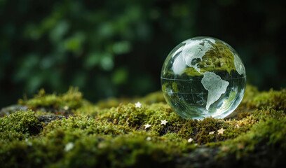 Glass globe with etched continents rests on mossy ground with small gold stars scattered around. Eu Corporate Sustainability Reporting Directive CSRD, representing global eco-friendly business,