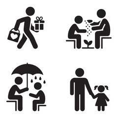 A family silhouette icon set depicts people, a couple, and a baby as a simple black vector pictogram