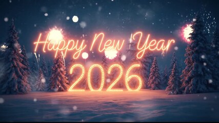 Happy New Year 2026 Greeting Card with Snowy Forest and Glowing Text - Powered by Adobe