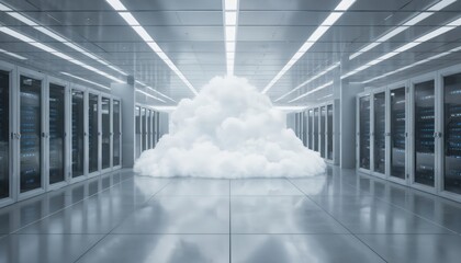 Modern data center interior with rows of server racks, large white cloud formation in center. Space features gray, blue tones with bright overhead lighting, creating futuristic digital technology