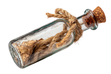 A glass bottle with a cork and knotted rope, holding a crumpled map