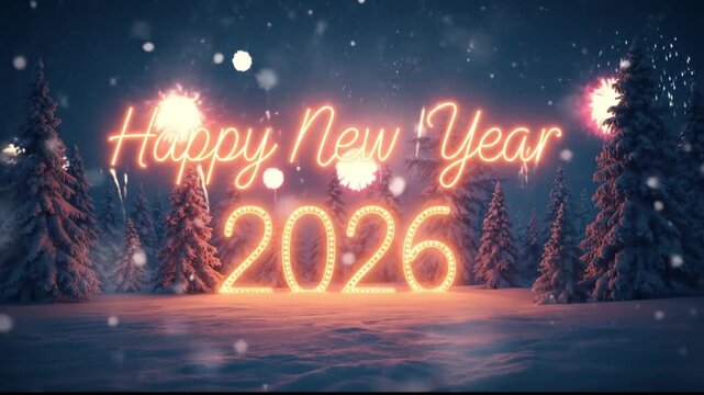 Happy New Year 2026 Greeting Card with Snowy Forest and Glowing Text