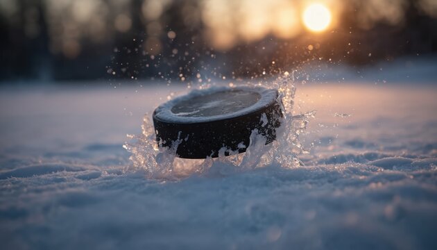 Frozen hockey puck captured in mid-air, creating splash with glistening ice crystals against soft, blurry sunset backdrop. Dynamic winter sports image motion, intensity of cold weather activity.