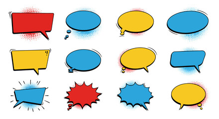 Comic Speech Bubbles Set with Halftone Effects in Red, Blue, and Yellow