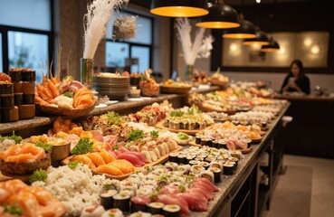 Abundant sushi buffet fresh seafood, diverse rolls. Variety of tuna, salmon, shrimp, maki, sashimi presented on counter. Delicious Japanese cuisine offers savory, colorful dishes for lunch, dinner,