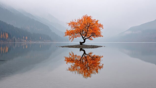 Solitary autumn tree reflected on a calm lake, misty mountains in the background - Powered by Adobe