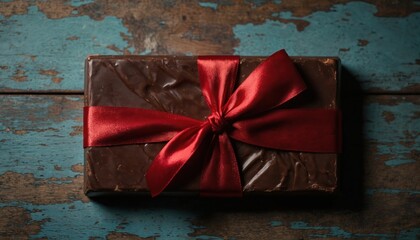 Gift wrapped chocolate bar with red ribbon sits on rustic distressed turquoise wooden surface. Dark chocolate confection has texture. Ideal gift for holiday, celebration, indulgence, or sweet treat.