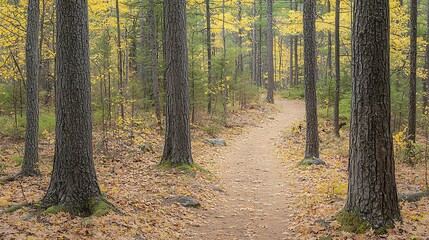 Fototapeta premium 218. Peaceful forest trail covered with autumn leaves under golden sunlight filtering through trees
