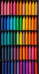 Colorful crayons in a box, arranged in neat rows