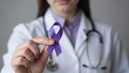 Doctor holds purple ribbon awareness symbol. Female healthcare professional in white coat, stethoscope. Supports cancer patients, promotes disease prevention, medical care, and hope for survivors.