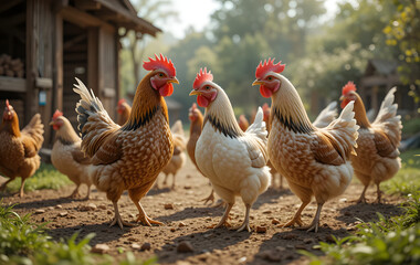 Chickens on a farm. Generative AI
