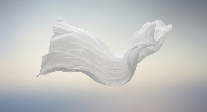 Flowing white fabric billows gracefully in the air against a soft, ethereal background.