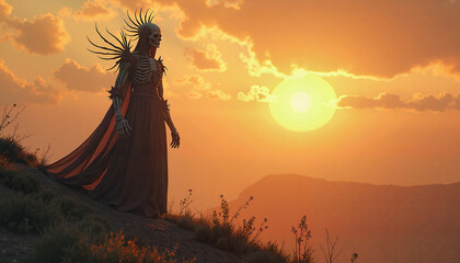 Female Skeletal Figure Mystical Posing Against Sunset Desert Landscape