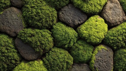 Close-up of a stone wall covered in vibrant green moss.  Dark, irregular stones are nestled closely together, and patches of lush moss carpet the surfaces
