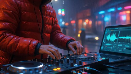 Dynamic DJ Performance in Red Puffer Jacket With Virtual Reality Technology at Night