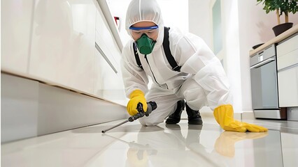 Professional Pest Control: Exterminator in Protective Suit Treating Kitchen for Insects and Pests